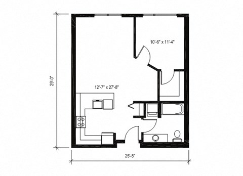 Floor plan for 1 bed, 1 bath, 707 sqft
